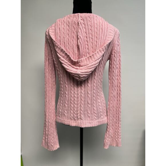 VTG Y2K Cable Knit Sweater L Pink Fitted V Neck Hooded Vampire Diaries Elena - Picture 4 of 13